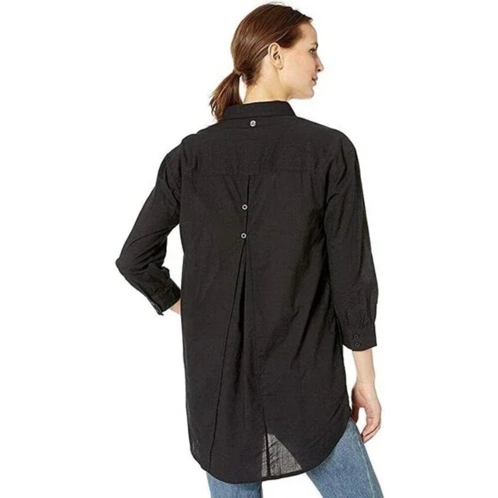 PrAna Black Shirt Dress Shirt Blouse Tunic Coverup Mauzy Pockets Back Buttons